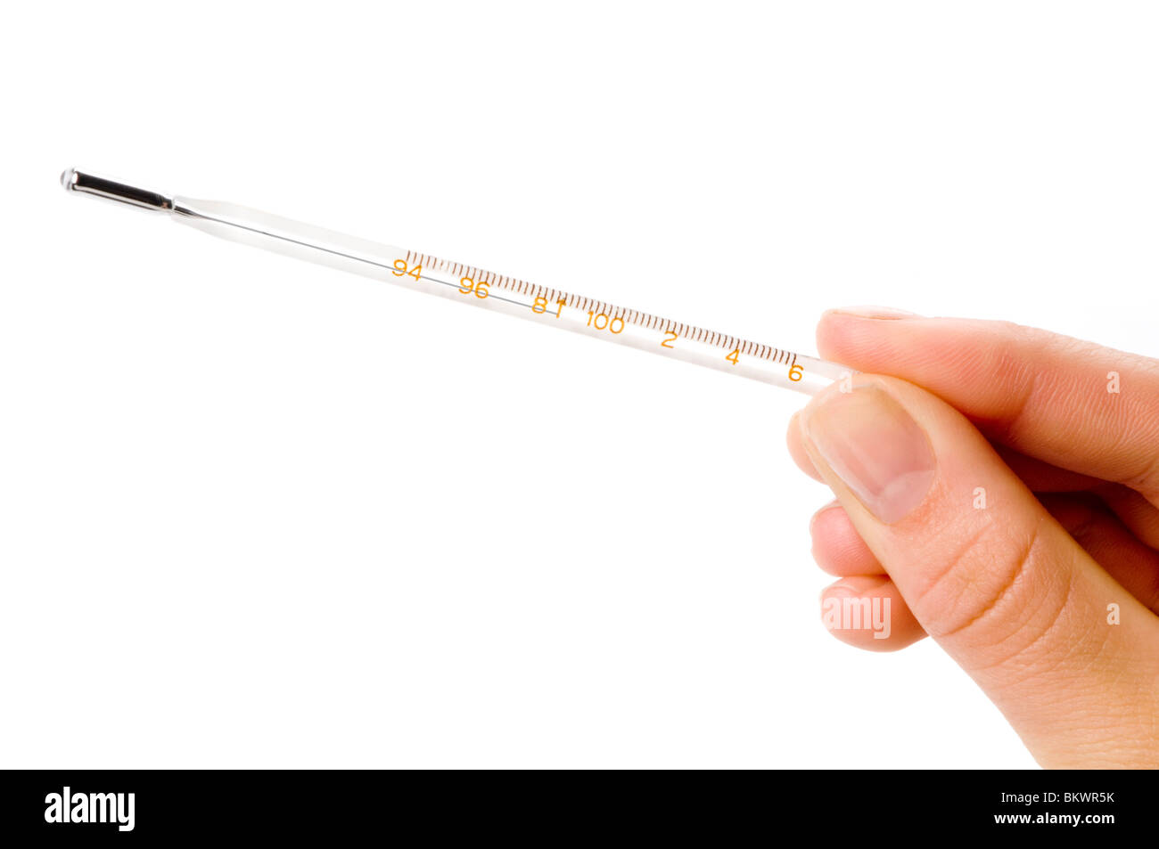 hand holding thermometer Stock Photo