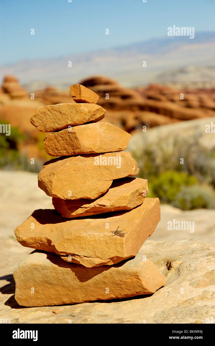 Stock photograph of a lizard sunning itself on a rock cairn marking Devil's Garden trail at Arches National - Stock Image