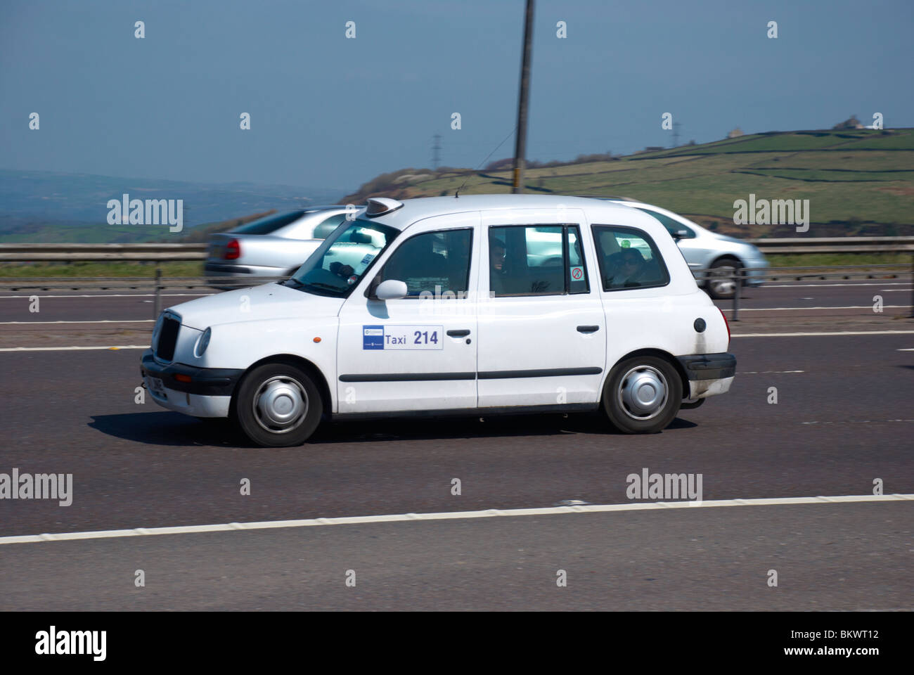 Hackney cab / taxi on the M62 motorway (near Huddersfield). Stock Photo