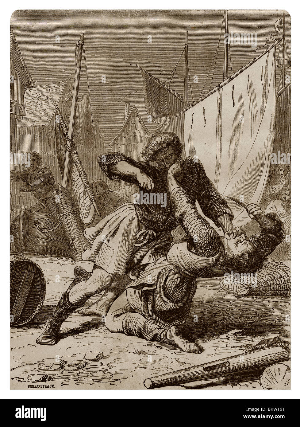In 1293, in Bayonne, brawl between two sailors, the one Norman and the other Englishman. Stock Photo