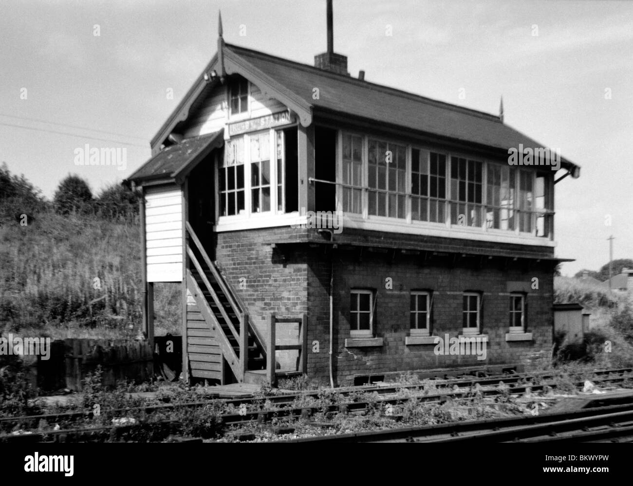 an old wooden signal box at rugby during the last days of steam on british rail Stock Photo