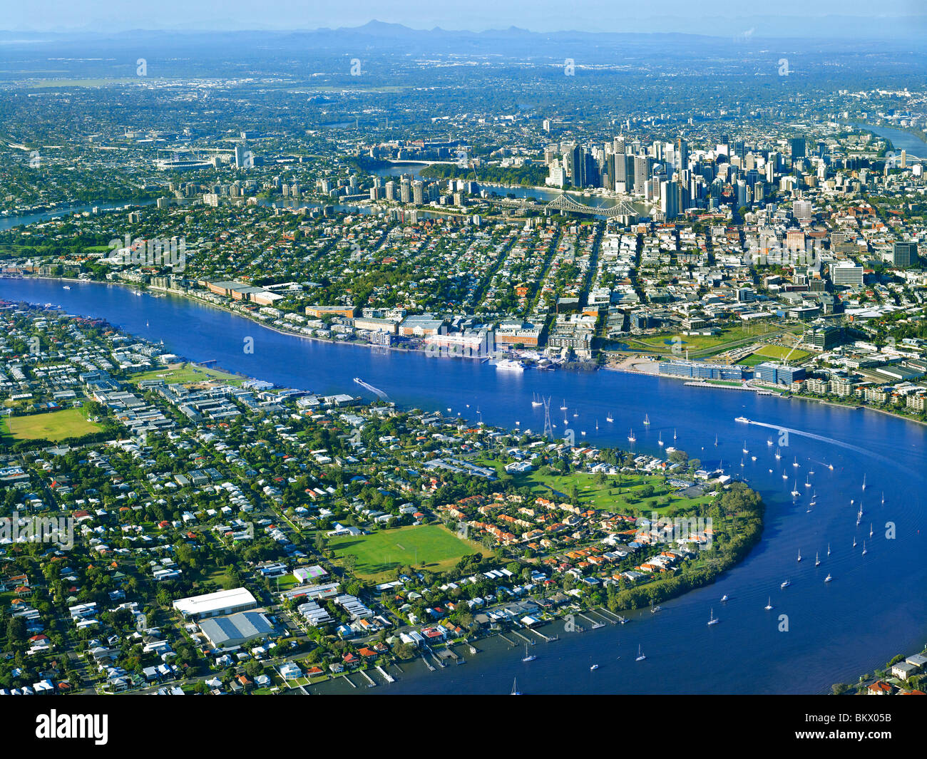 Aerial view of Brisbane Queensland Australia looking West from Bulimba Stock Photo