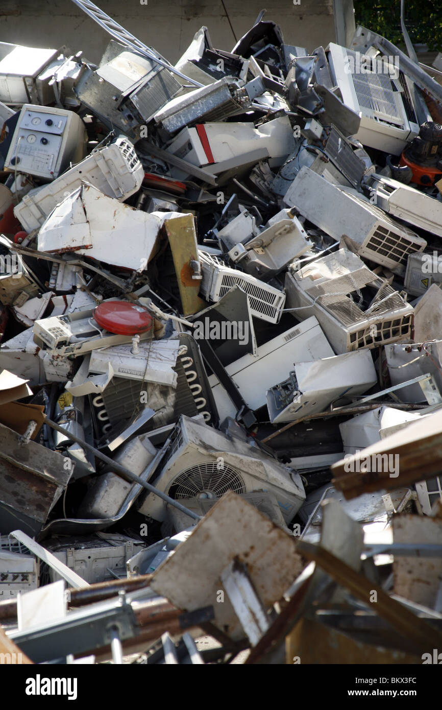 pile of old household appliances in a scrap yard Stock Photo