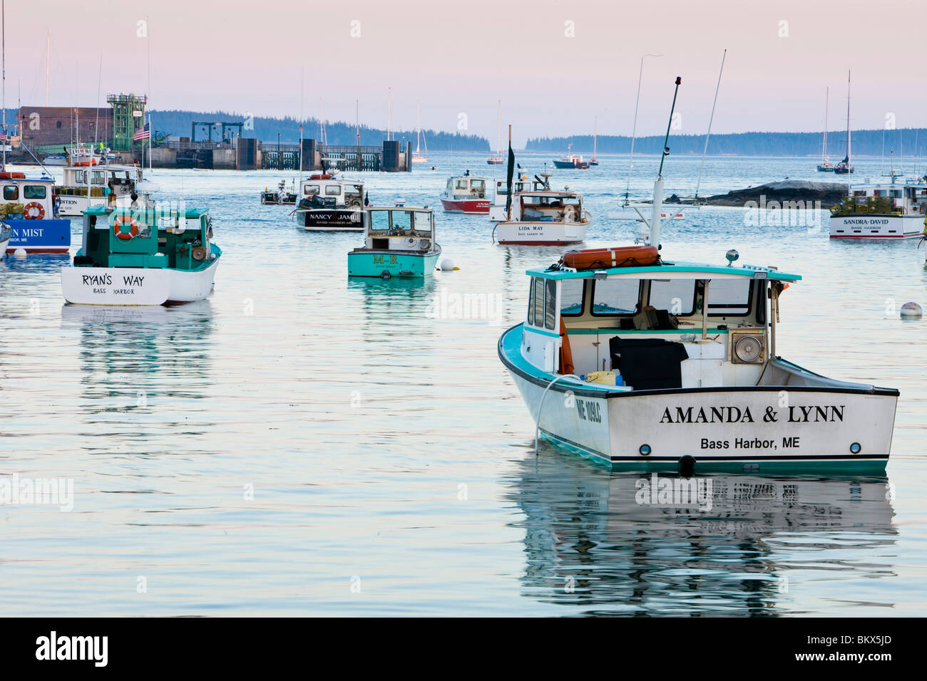 Lobster and fishing boats in the harbor in Bernard, Maine. Stock Photo