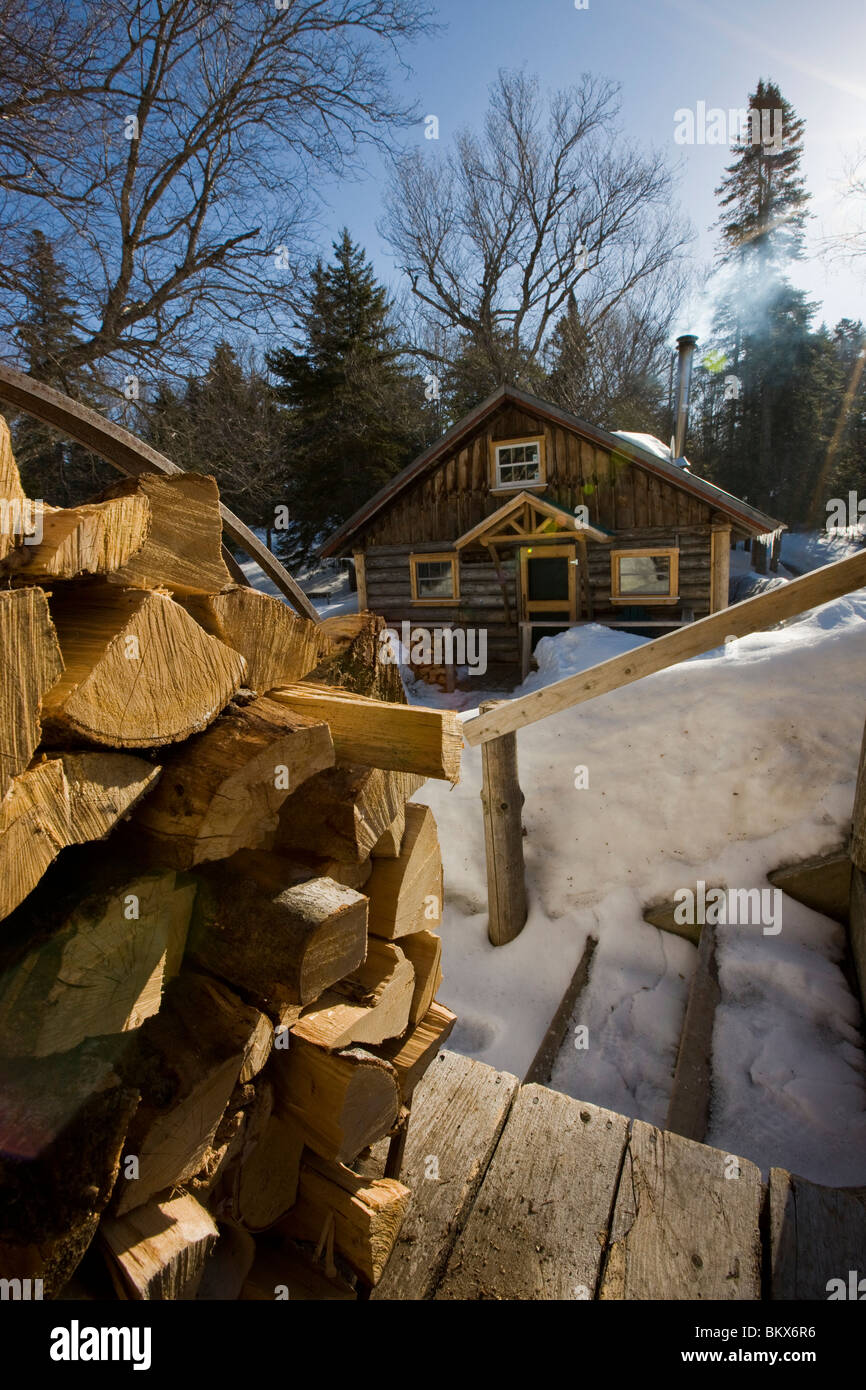 Split logs outside a cabin at Little Lyford Pond Camps near Greenville, Maine. Winter Stock