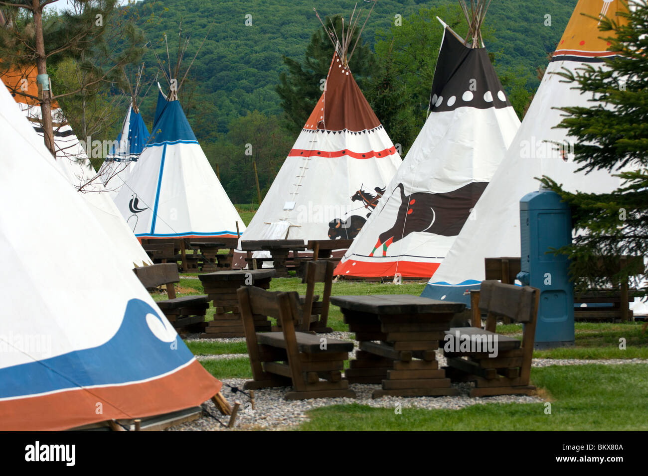 Copy of the Native Americans village with wigwams. Stock Photo