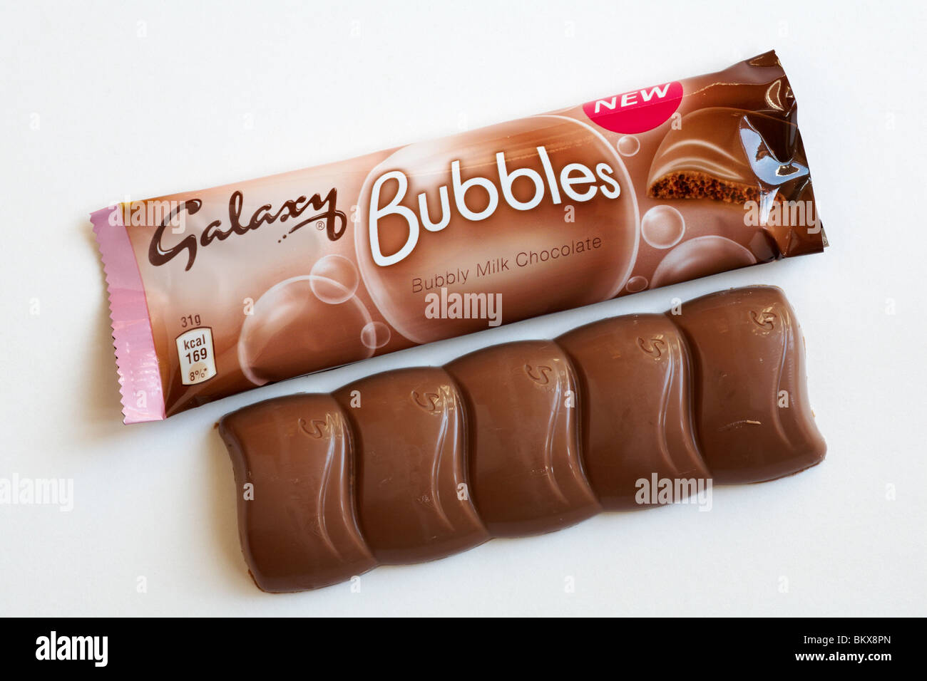 Galaxy Bubbles chocolate bar removed from wrapper isolated on white background Stock Photo