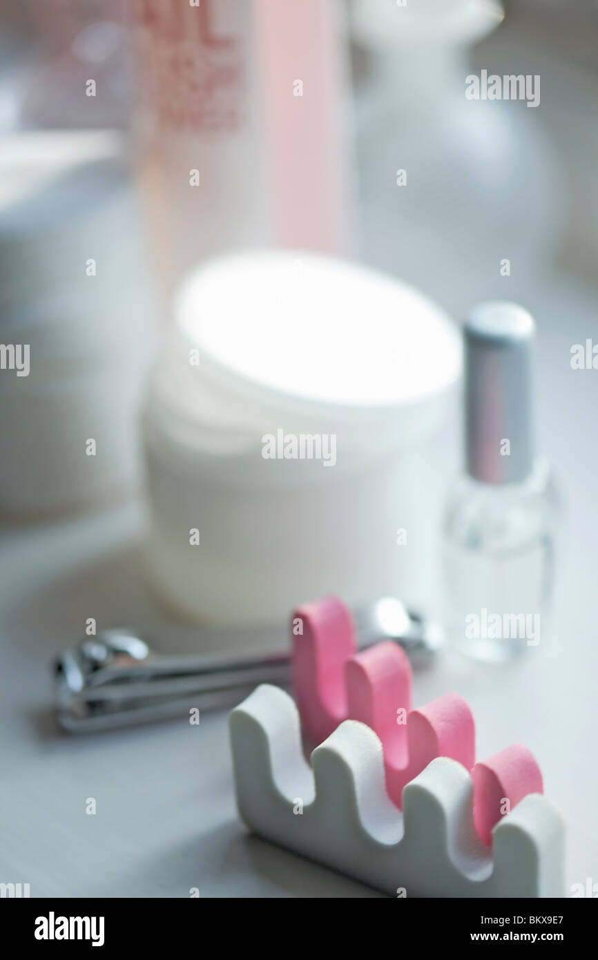 Close up of toe separators and pedicure cosmetics Stock Photo Alamy