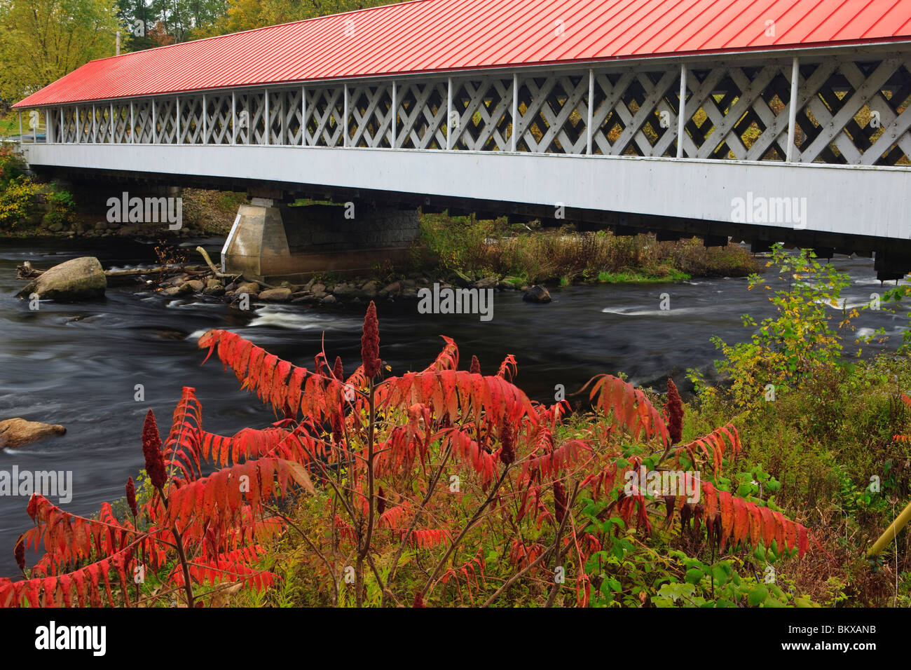 Built in 1864, the 159-foot Ashuelot Covered bridge spans the Ashuelot River in Ashuelot, New Hampshire. Fall. Stock Photo