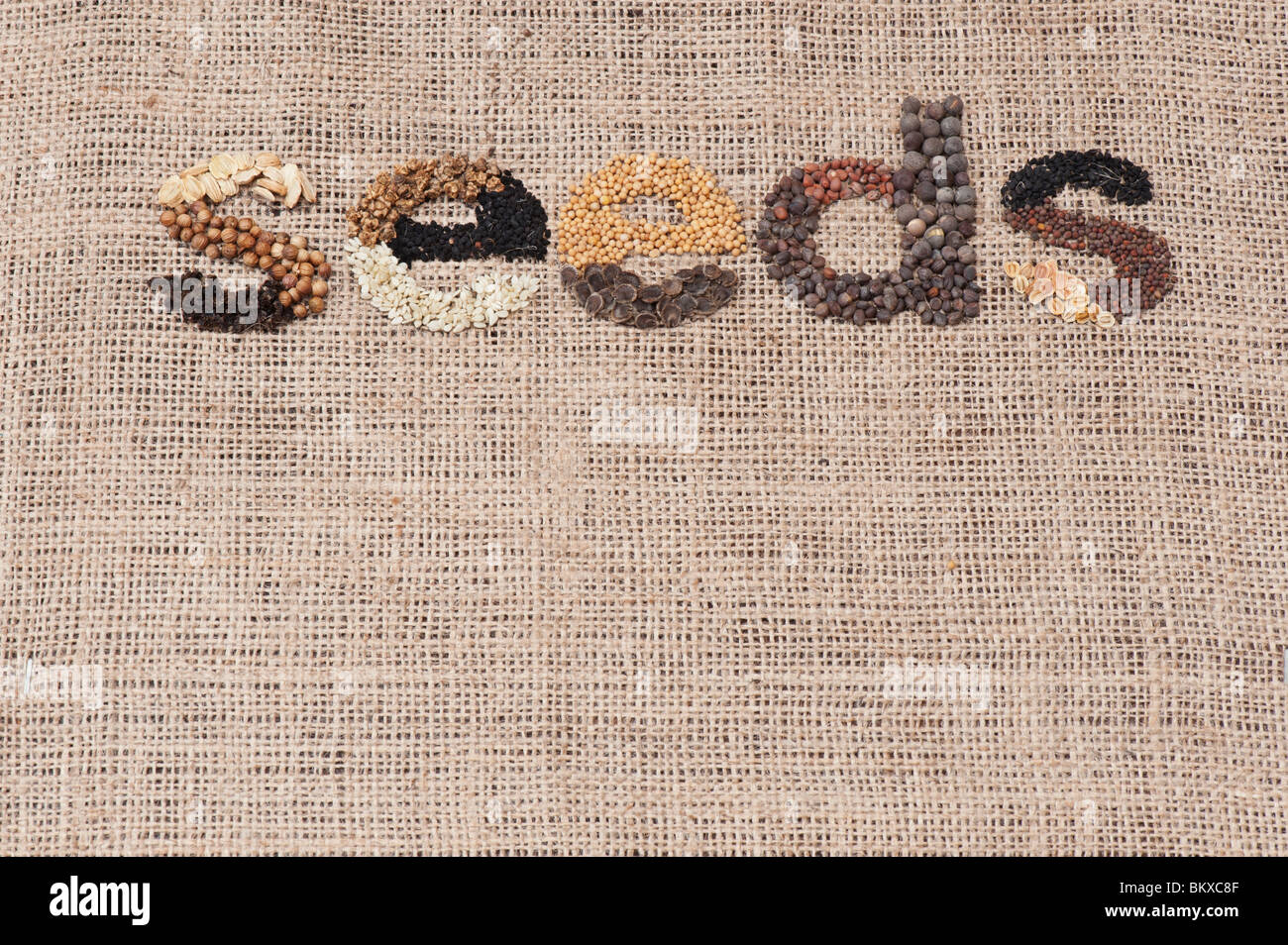 The word 'seeds' spelt out with vegetable and flower seeds on hessian Stock Photo