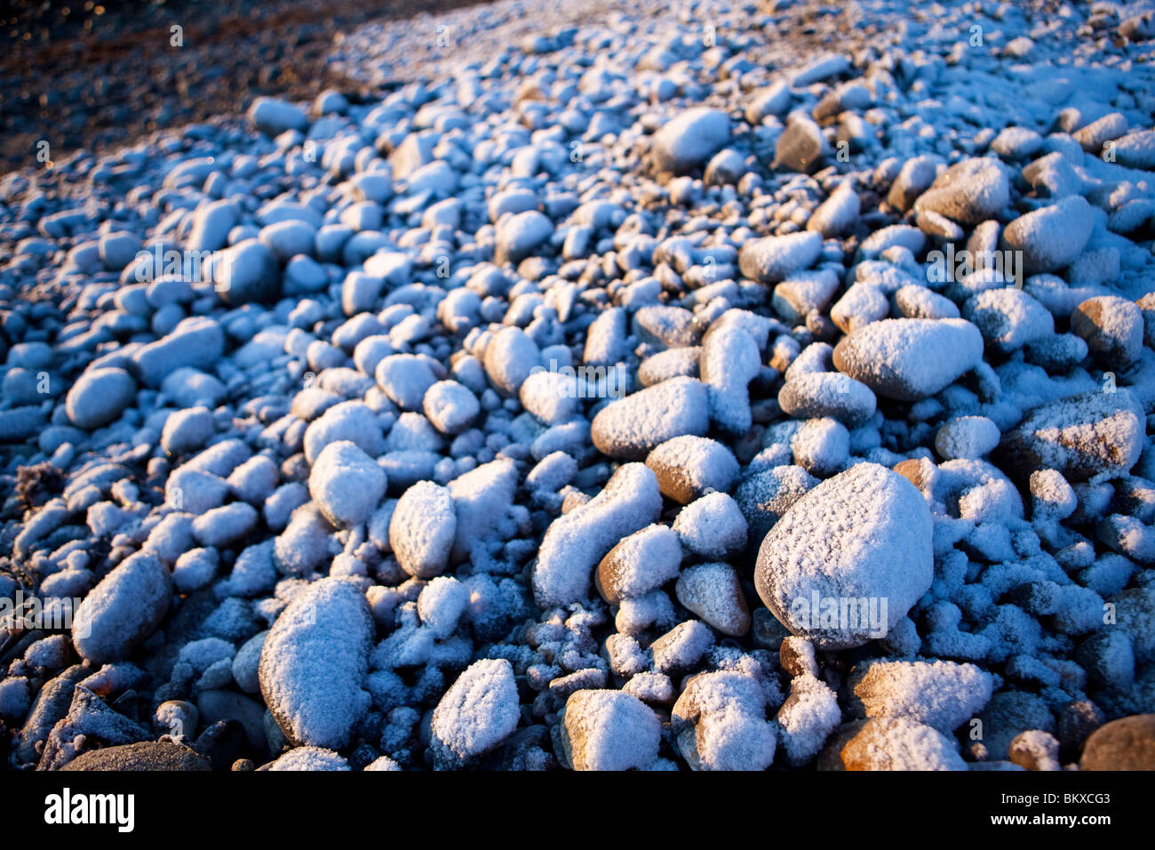 Fresh snow on cobble stones on the New Hampshire coast in Odiorne State Park in Rye, New Hampshire.  Winter. Stock Photo