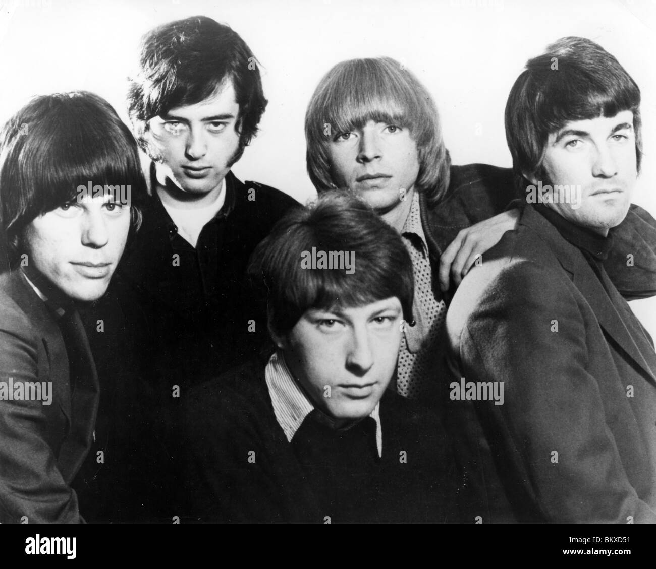 YARDBIRDS in 1966 from left: Jeff Beck, Jimmy Page, Chris Dreja, Keith Relf, Jim McCarty. Stock Photo