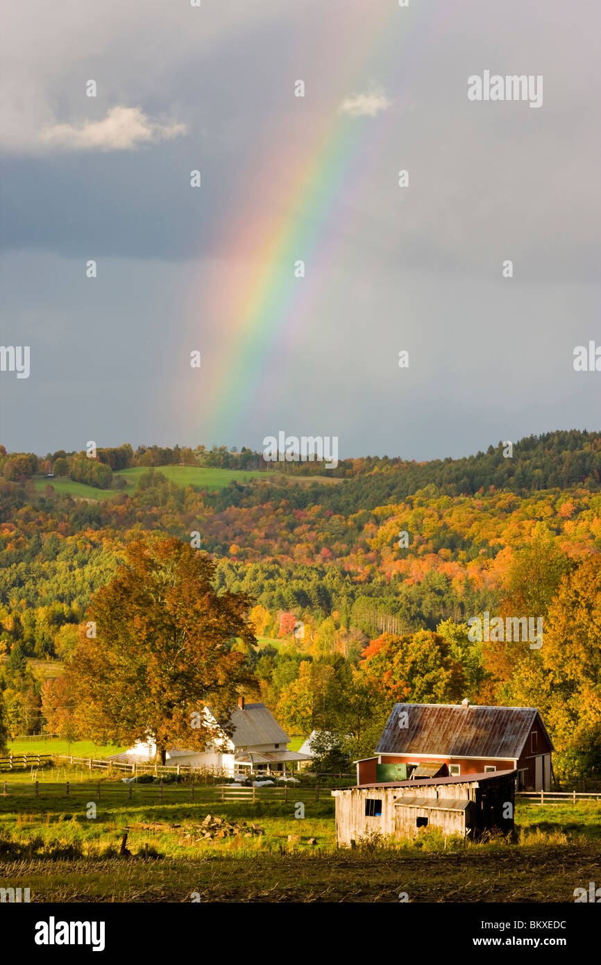 A rainbow over farms in Peacham, Vermont. Fall Stock Photo Alamy