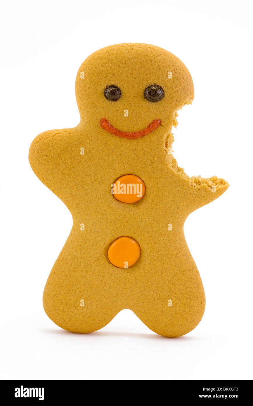 gingerbread man with a bite taken out isolated on white Stock Photo Alamy