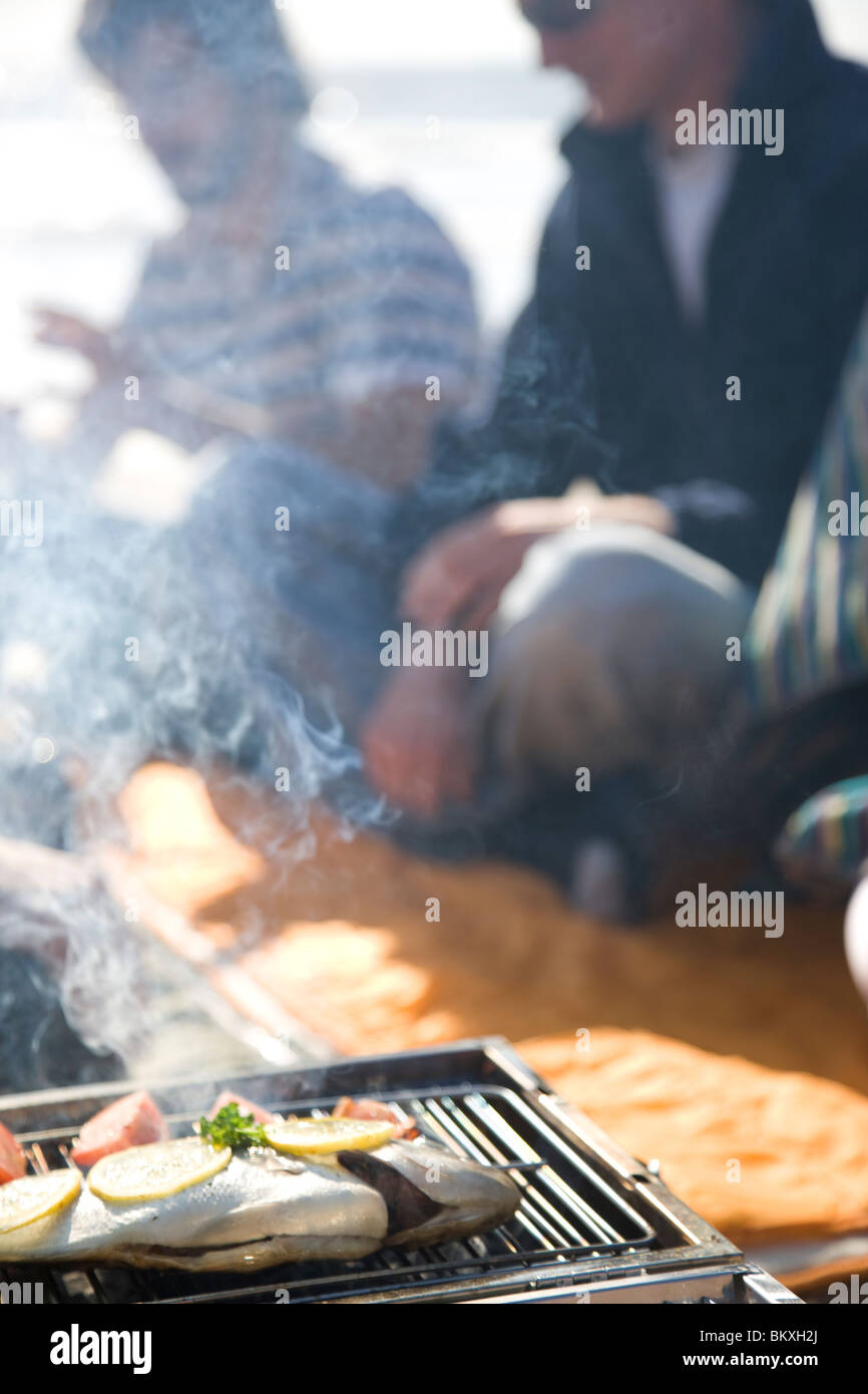 Group of friends sitting around a barbeque on the beach Stock Photo