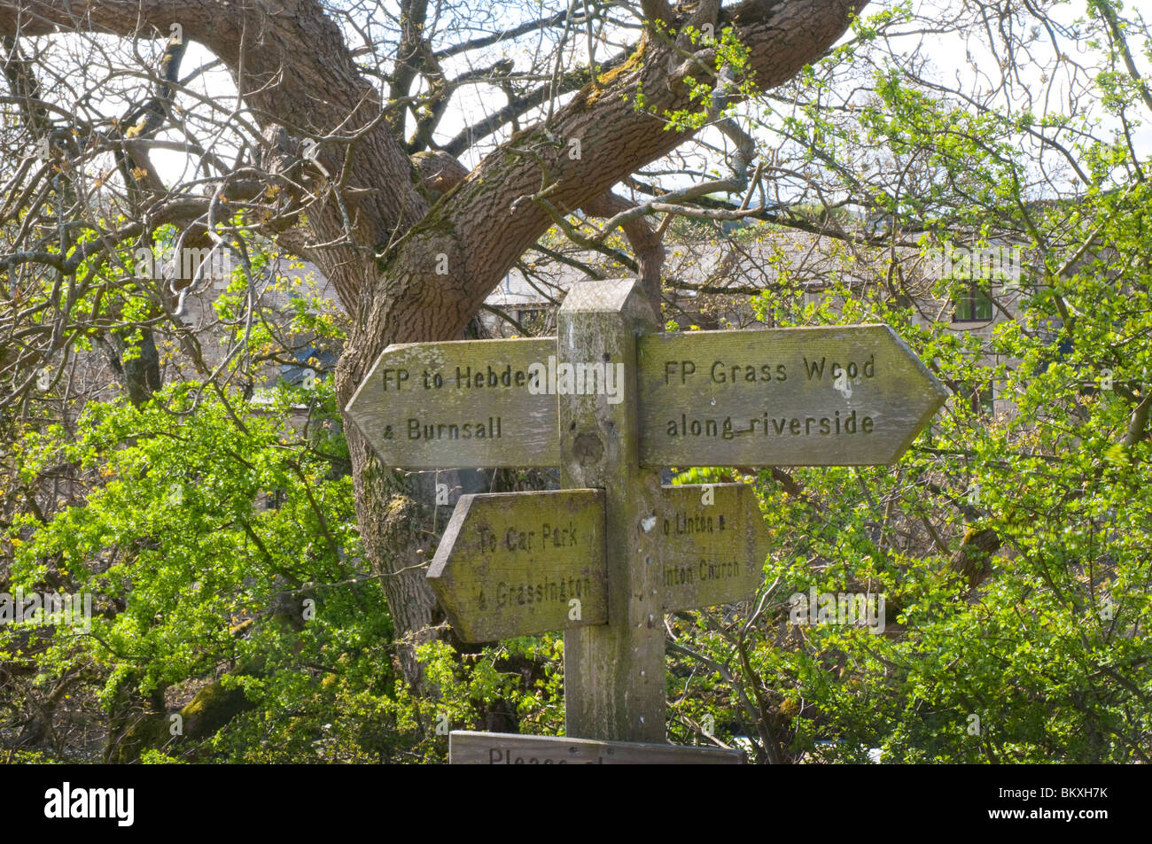 Signpost in the village of Grassington in the Yorkshire Dales and Linton Falls Stock Photo