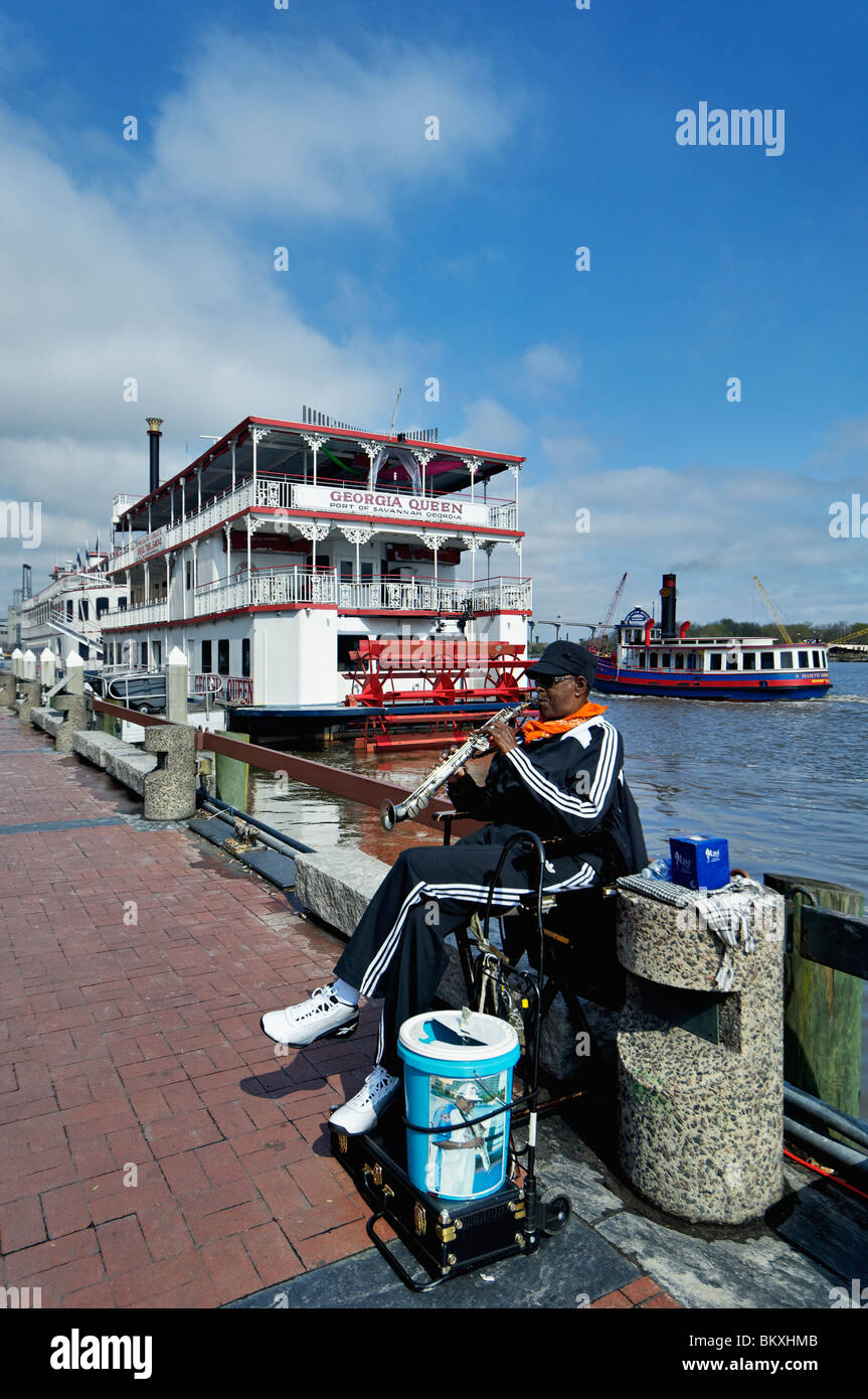 Street Musician Playing for Tips on River Street in Savannah, georgia Stock Photo