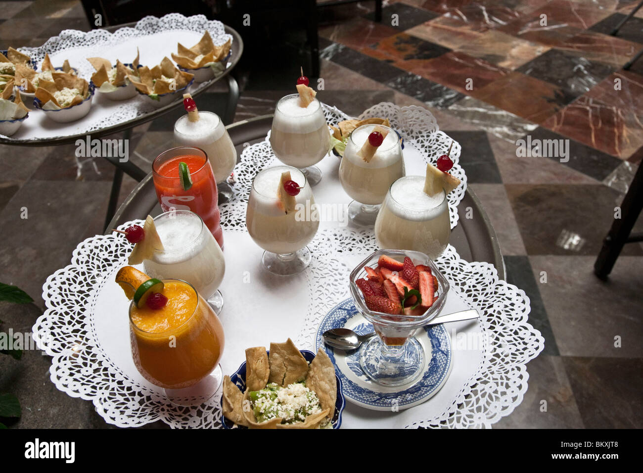 tray of delicious starter non-alcoholic drinks & appetizers to tempt diners at Sanborns House of Tiles restaurant in Mexico City Stock Photo