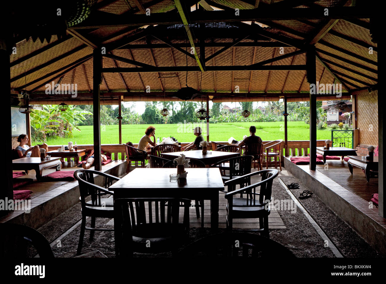 Restaurant with a view on the rice fields, Ubud, Bali, Indonesia Stock Photo