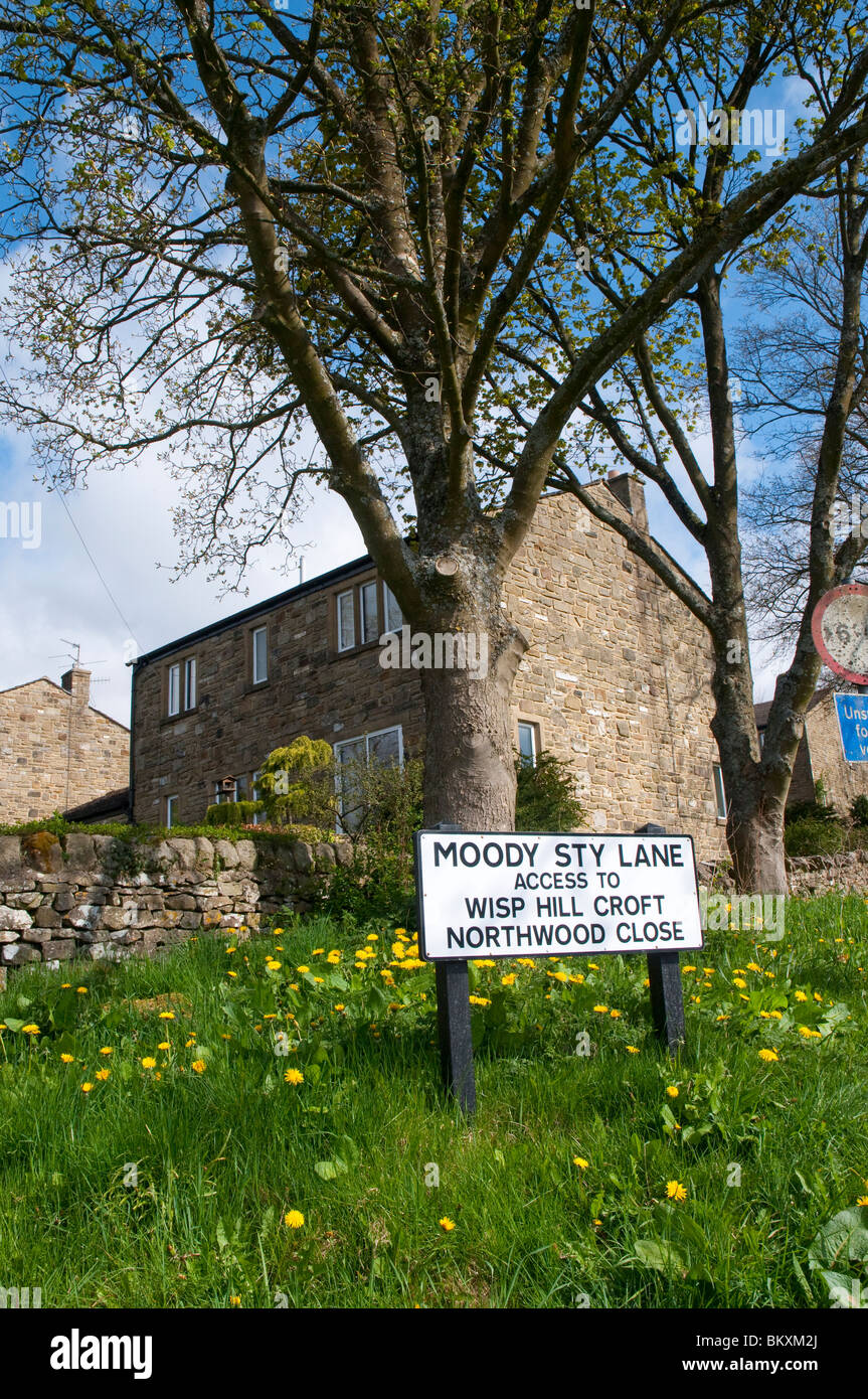 The village of Grassington in the Yorkshire Dales with interesting street sign Stock Photo