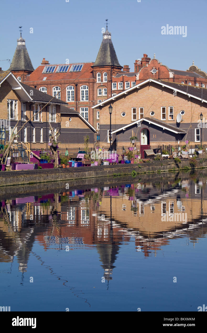 Buildings and their reflection in River Lea, London, UK. Stock Photo