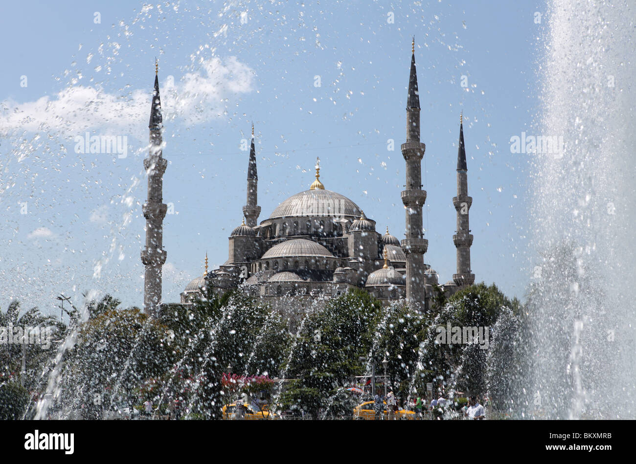 The Sultan Ahmed Mosque or The Blue Mosque, as seen through a fountain ...