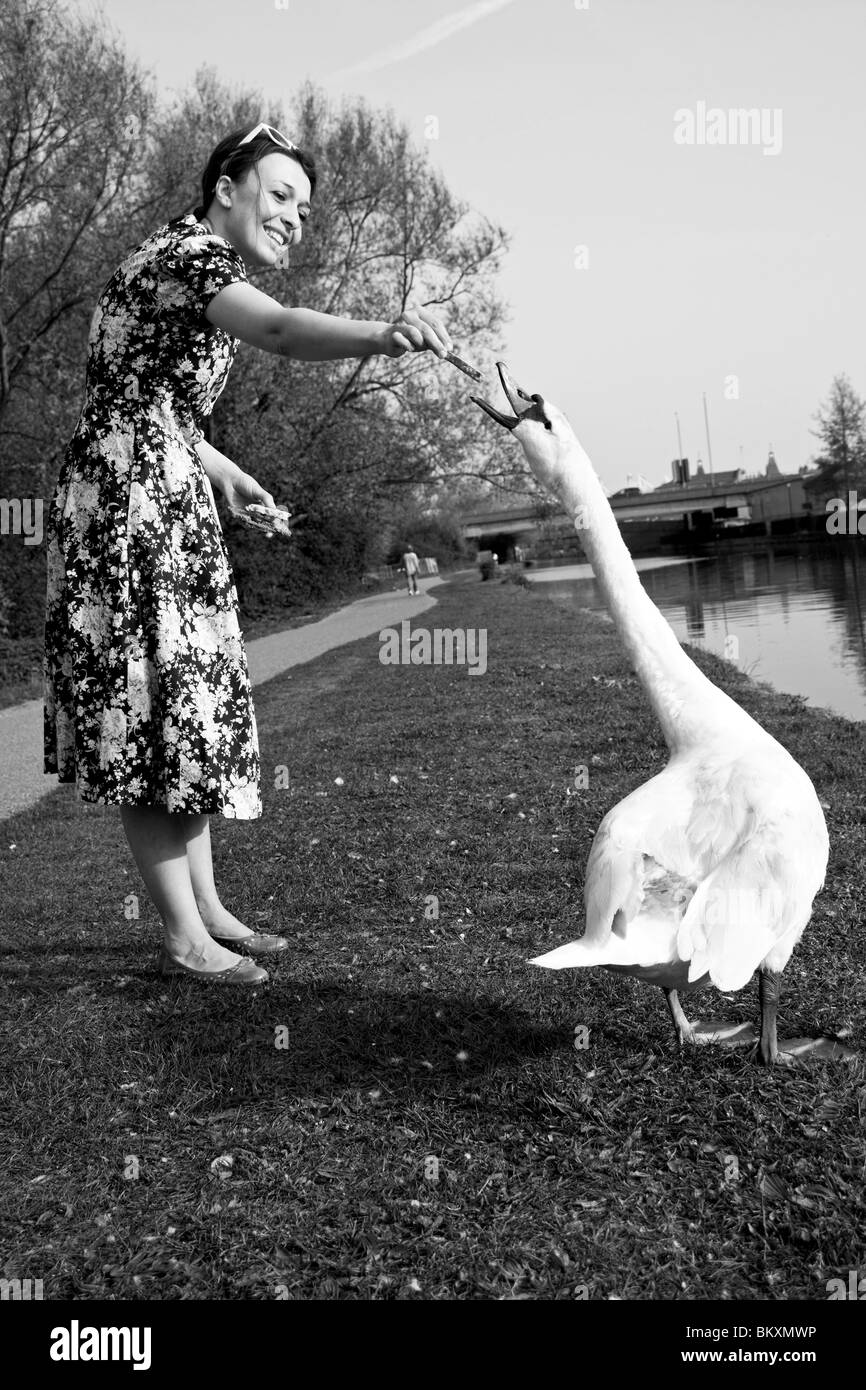 A woman, a flowery dress, a swan, a sunny day, River Lee, London, UK. Stock Photo