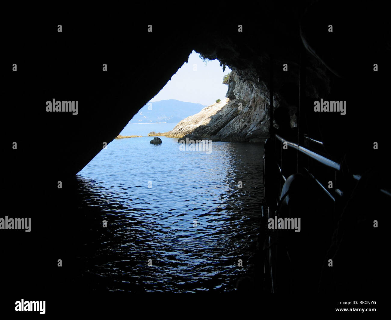 Inside the Papanikolis Cave, Meganissi island, Greece. The cave got its name from a greek submarine that hid here during WW2. Stock Photo