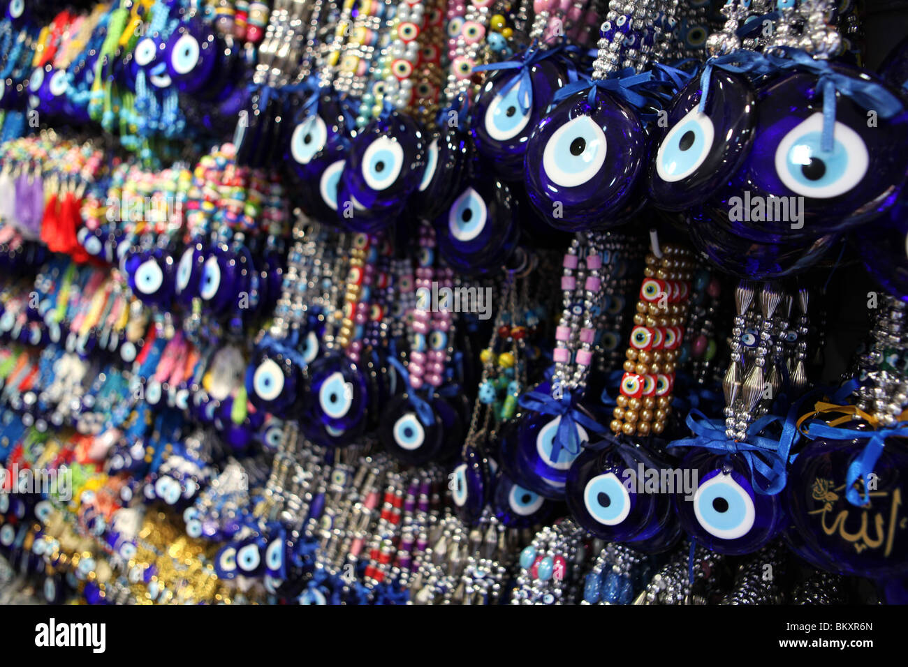 A shop full of nazars or evil eye stones that are believed to protect against the evil eye in Istanbul, Turkey in Europe Stock Photo