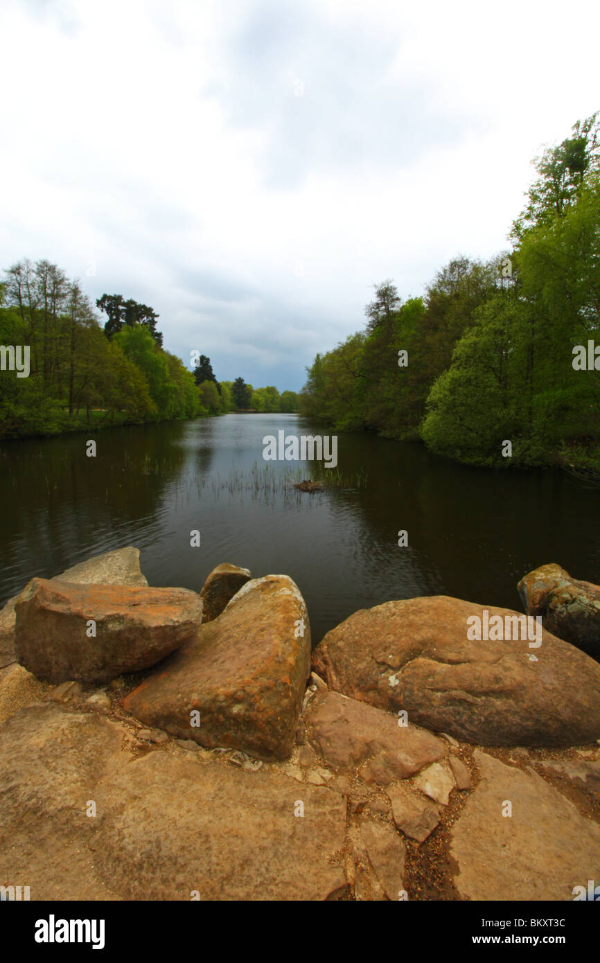 View over Virginia Water, The Royal Landscape, Windsor Great Park, Surrey, United Kingdom Stock Photo