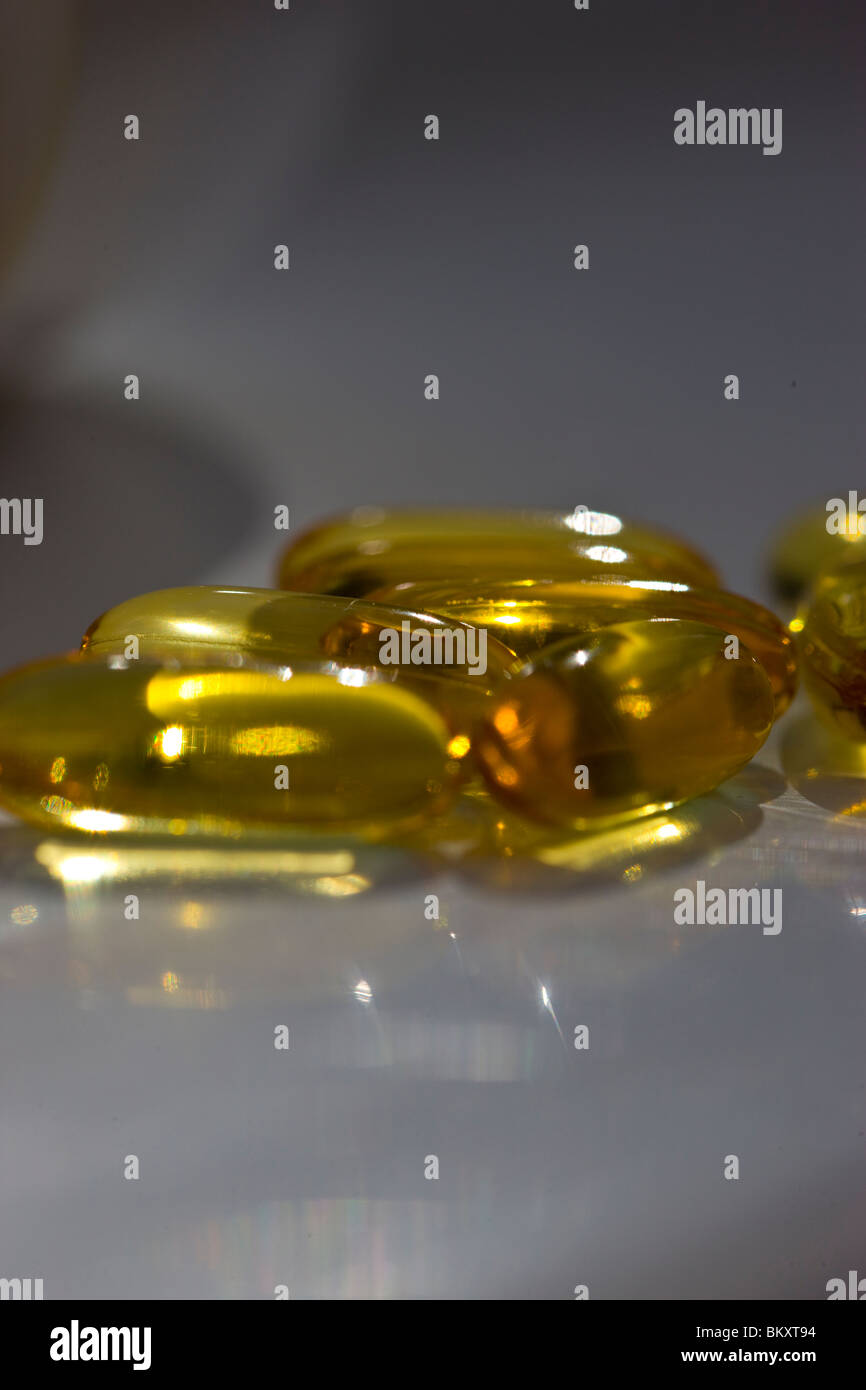 Close up of cod liver oil pills Stock Photo