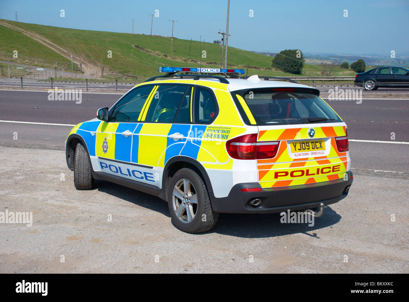 Police car on the M62 motorway. Stock Photo
