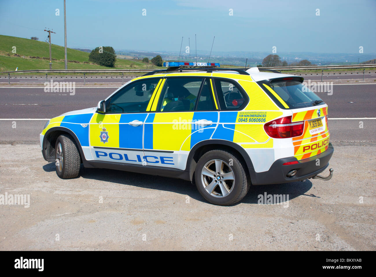 Police car on the M62 motorway. Stock Photo