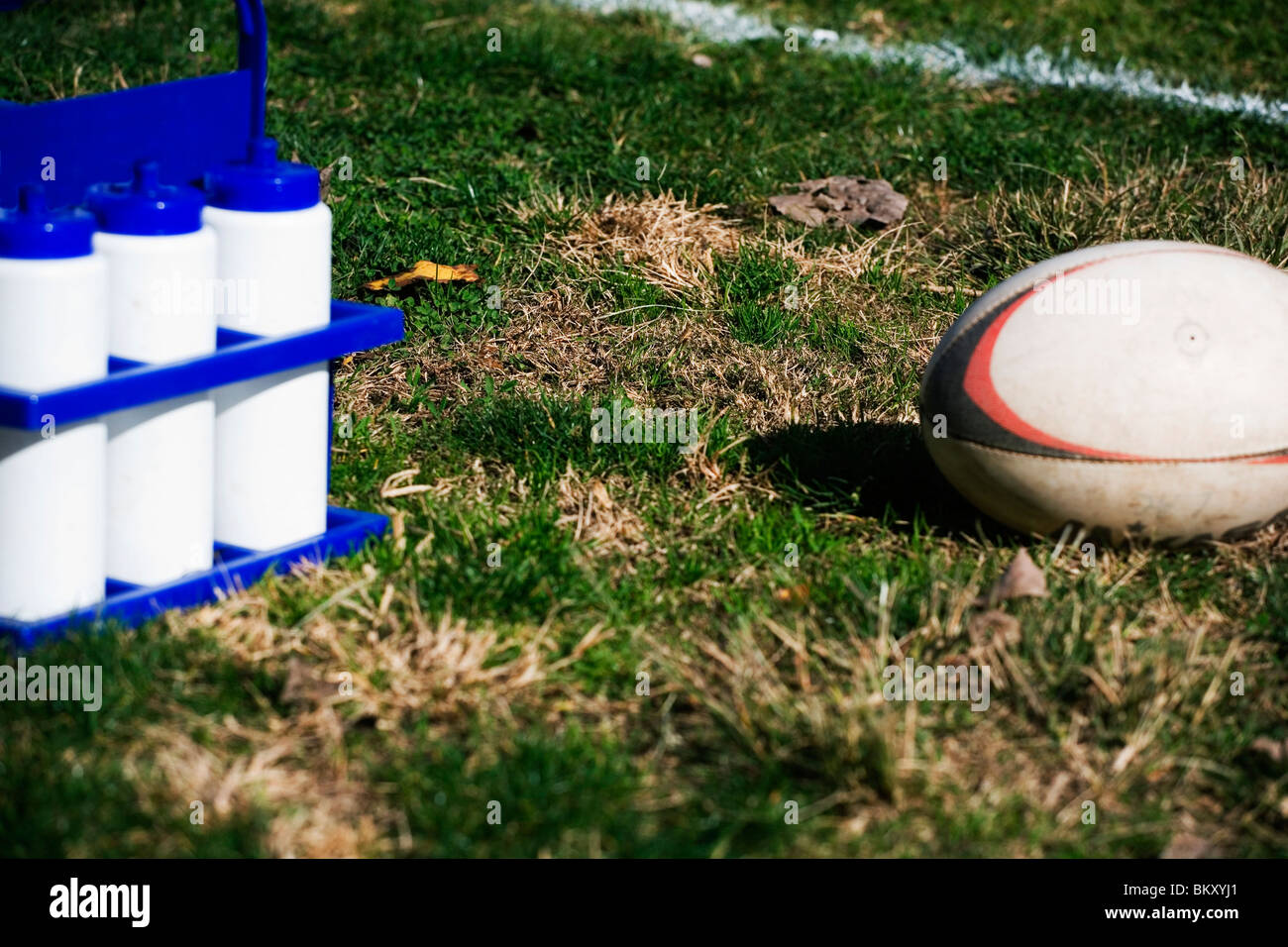 Rugby equipment on pitch Stock Photo Alamy