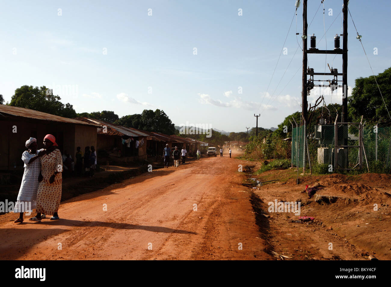 Electricity substation and pylon in the village of Bumbuna, Sierra Leone, West Africa Stock Photo