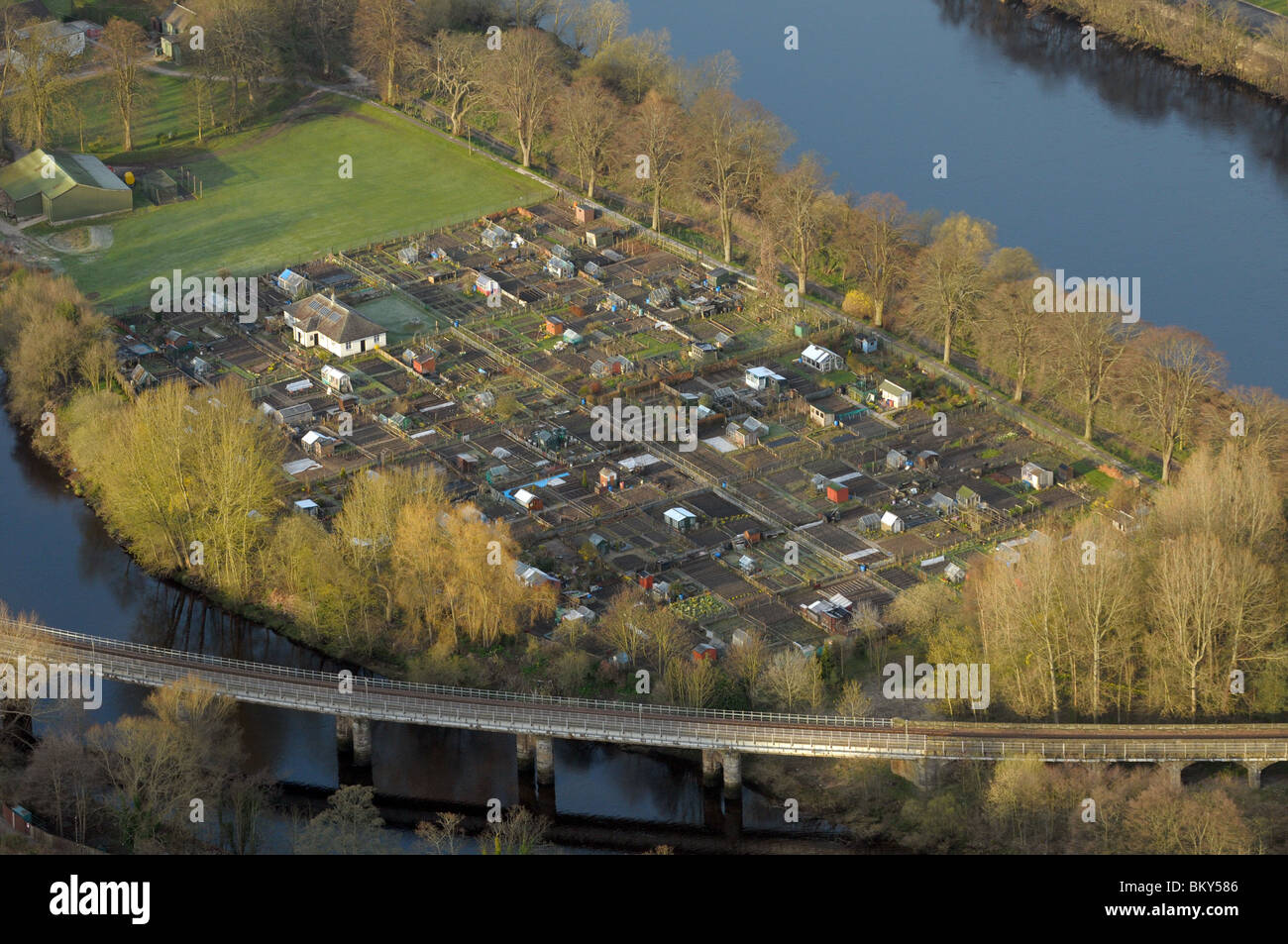 A set of allotment plots viewed from the air Stock Photo