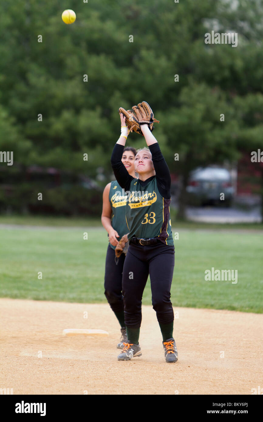 Girls high school softball. Catching running throwing. Teenage girls