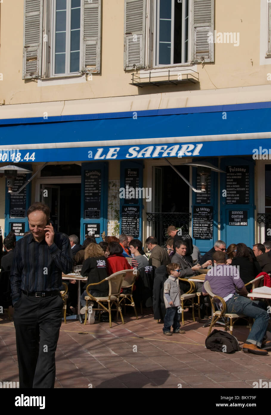 Nice, France, French Cafe, French Bistro Restaurant, Sidewalk Crowded terrace 'Le Safran' Stock Photo