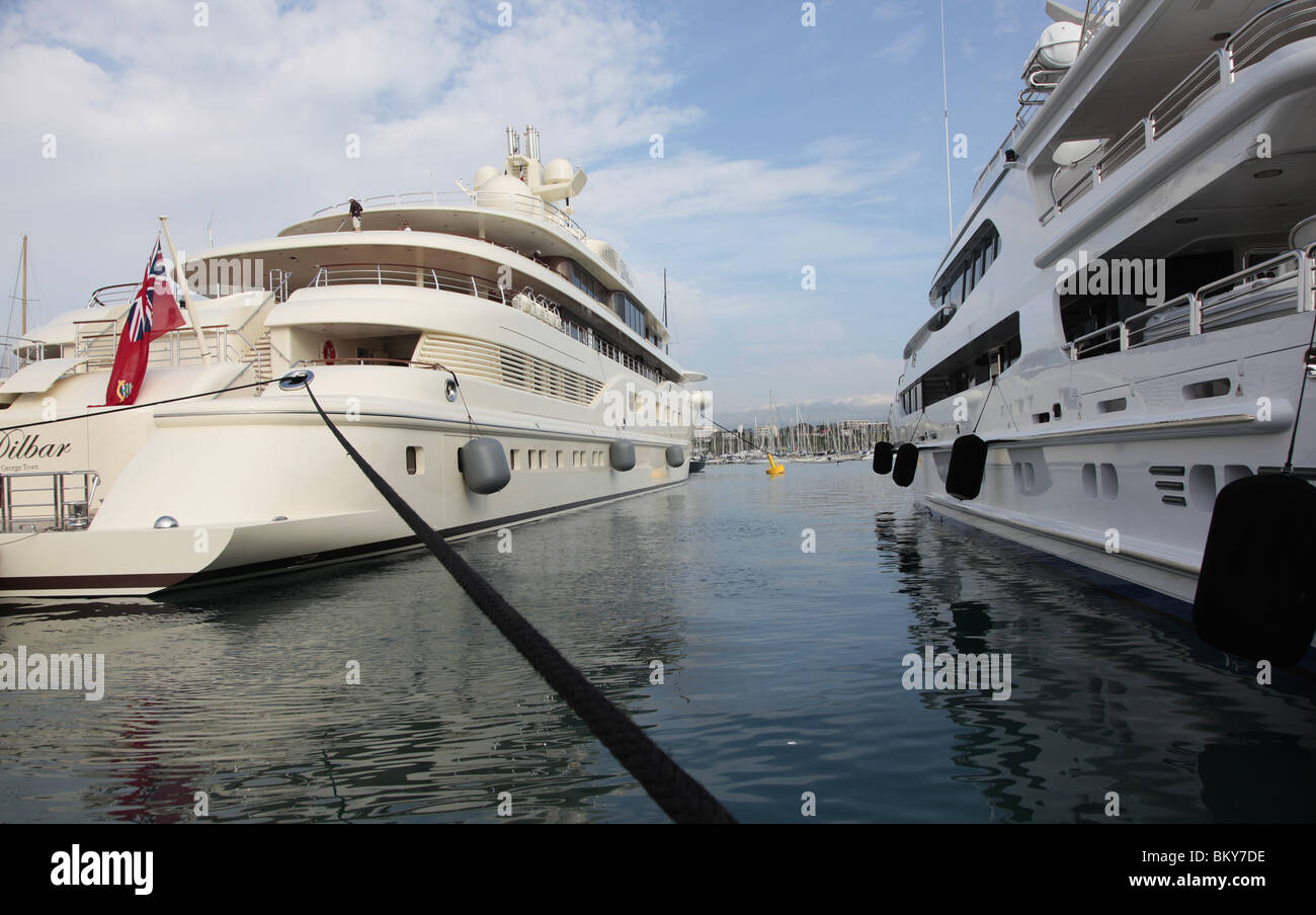 Luxury super yachts moored in Port Vauban, Antibes, France Stock Photo