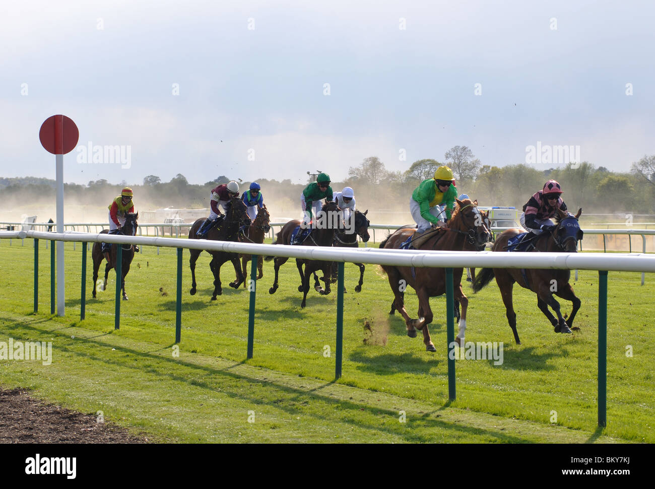 Horse race on the flat at Warwick Races, UK Stock Photo