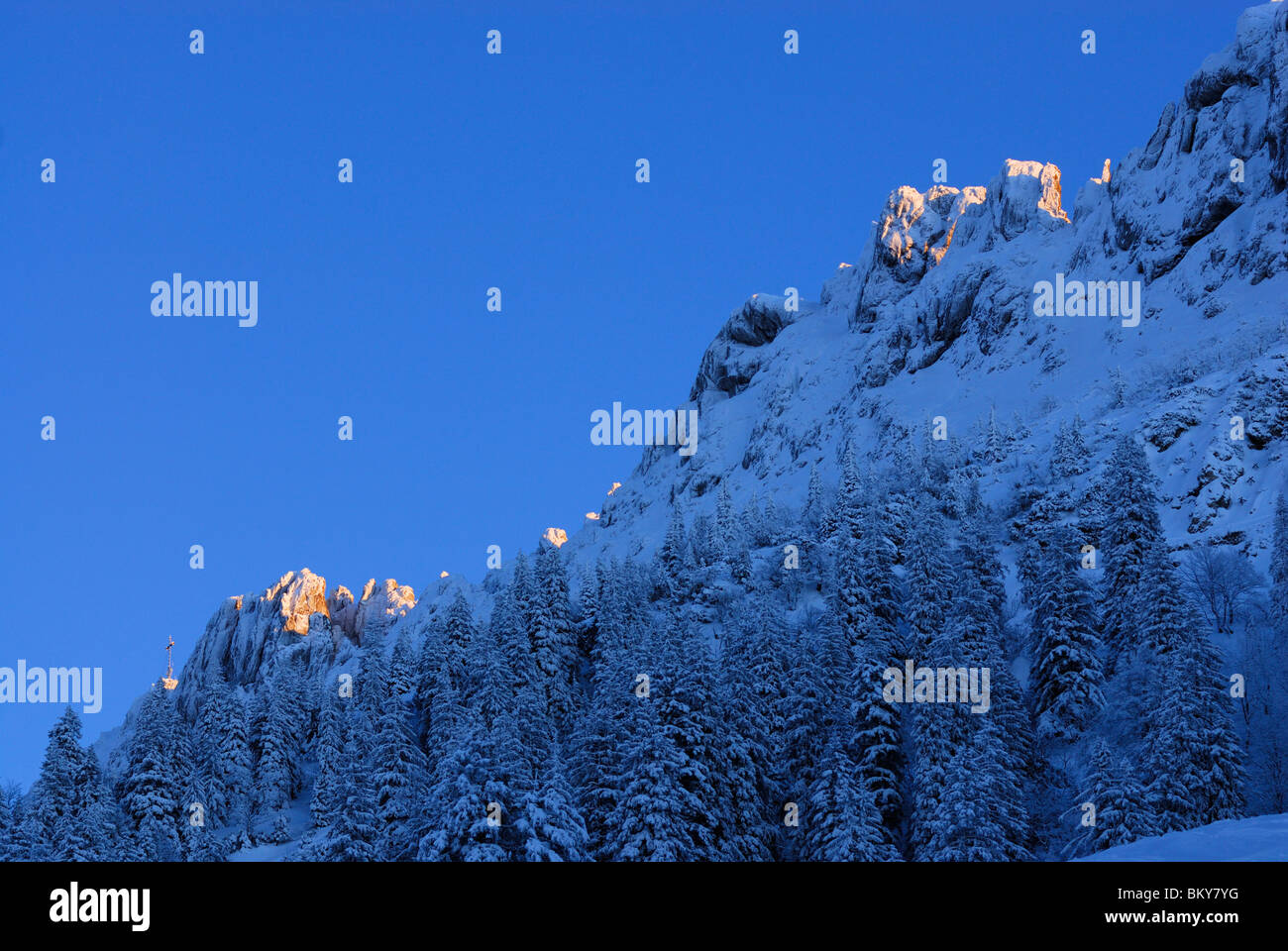 Snow-covered Kampenwand, Chiemgau Alps, Chiemgau, Bavaria, Germany Stock Photo