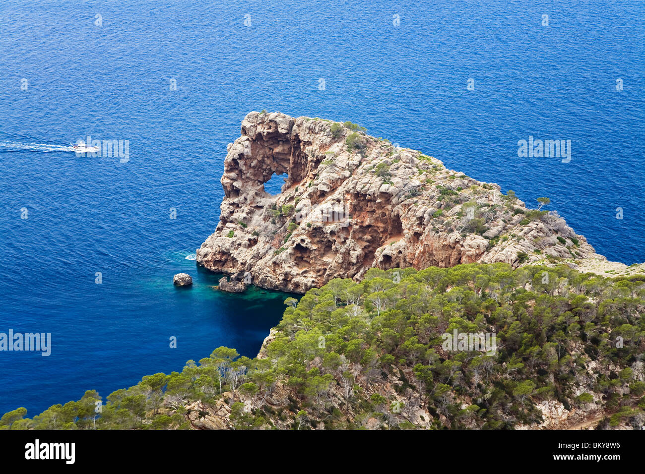 View at ocean and rocky coast, Punta de Sa Foradada, Northwest Coast, Mallorca, Balearic Islands, Mediterranean Sea, Spain, Euro Stock Photo