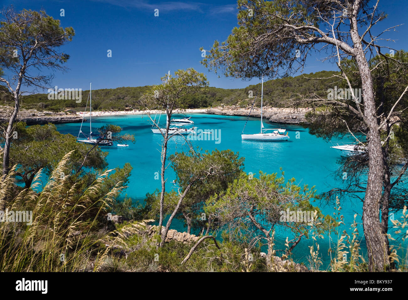 Sailing yachts anchoring in the bay of s'Amarador, Cala Mondragó, Mallorca, Balearic Islands, Mediterranean Sea, Spain, Europe Stock Photo