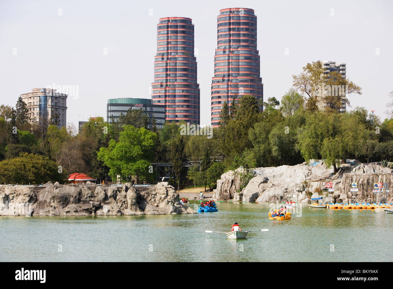 Chapultepec lake in Chapultepec park, with the Residencial del Bosque towers one and two by Cesar Pelli in the background, Mexic Stock Photo