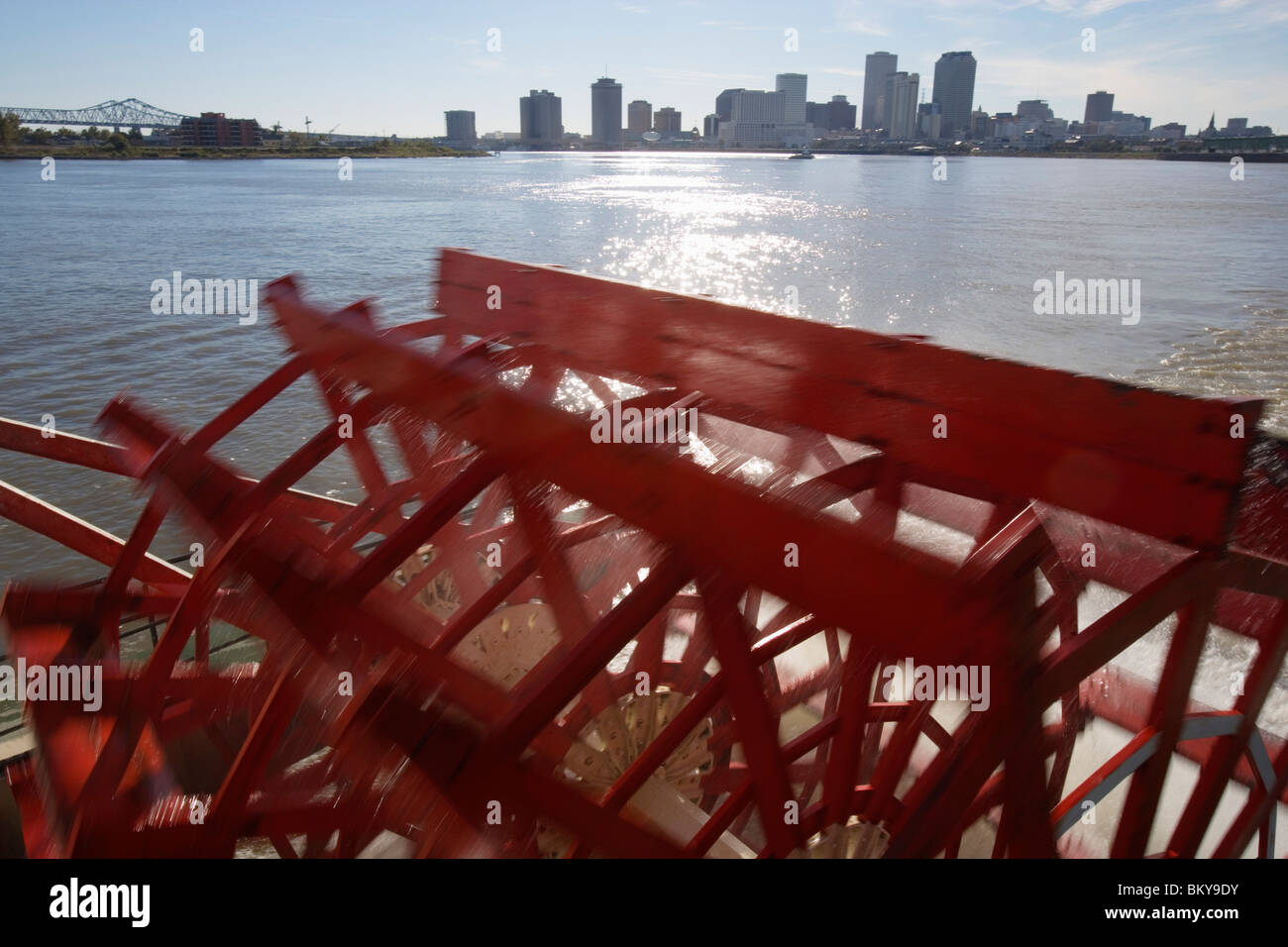 Paddles of a paddle wheeler on the  Mississippi, with downtown  New Orleans in the background, Louisiana, USA Stock Photo