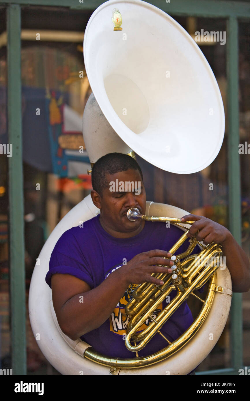 Man playing a sousaphone, a type of tuba, French Quarter, New Orleans, Louisiana, USA Stock Photo