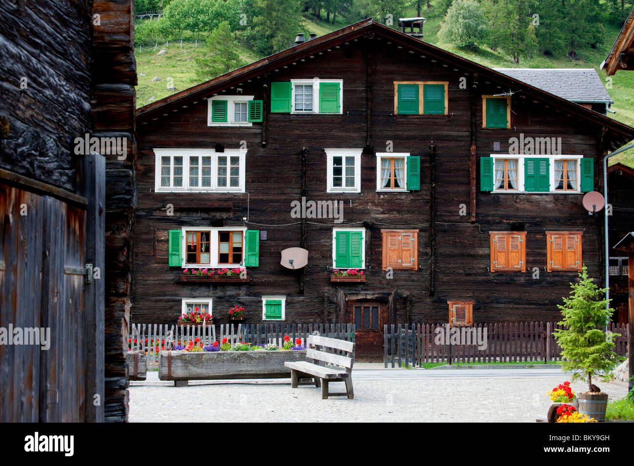 Larch wooden house, Ulrichen, Canton of Valais, Switzerland Stock Photo
