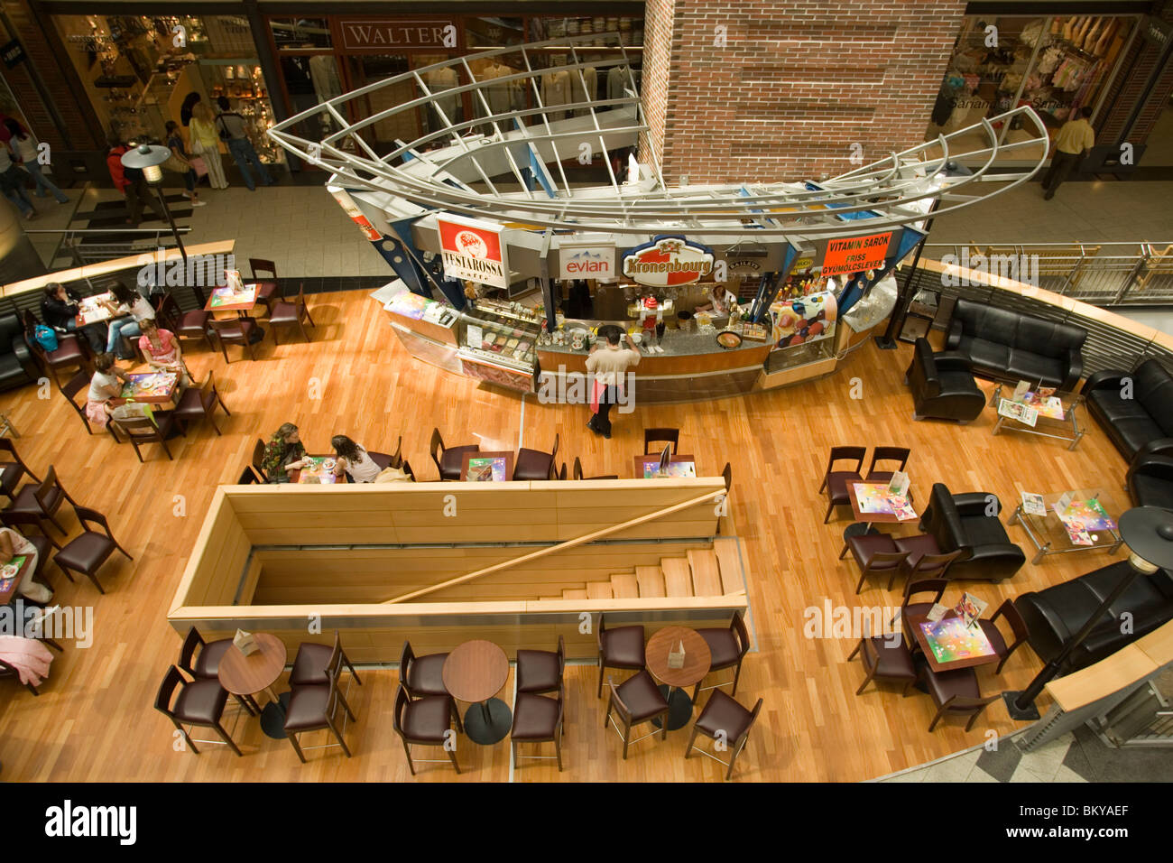 Cafe inside the West End City Center, High angle view to a cafe inside the West End City Center, Pest, Budapest, Hungary Stock Photo