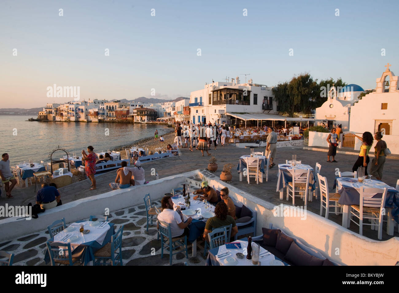 View over restaurants and bars at beach, Little Venice, Mykonos-Town, Mykonos, Greece Stock Photo