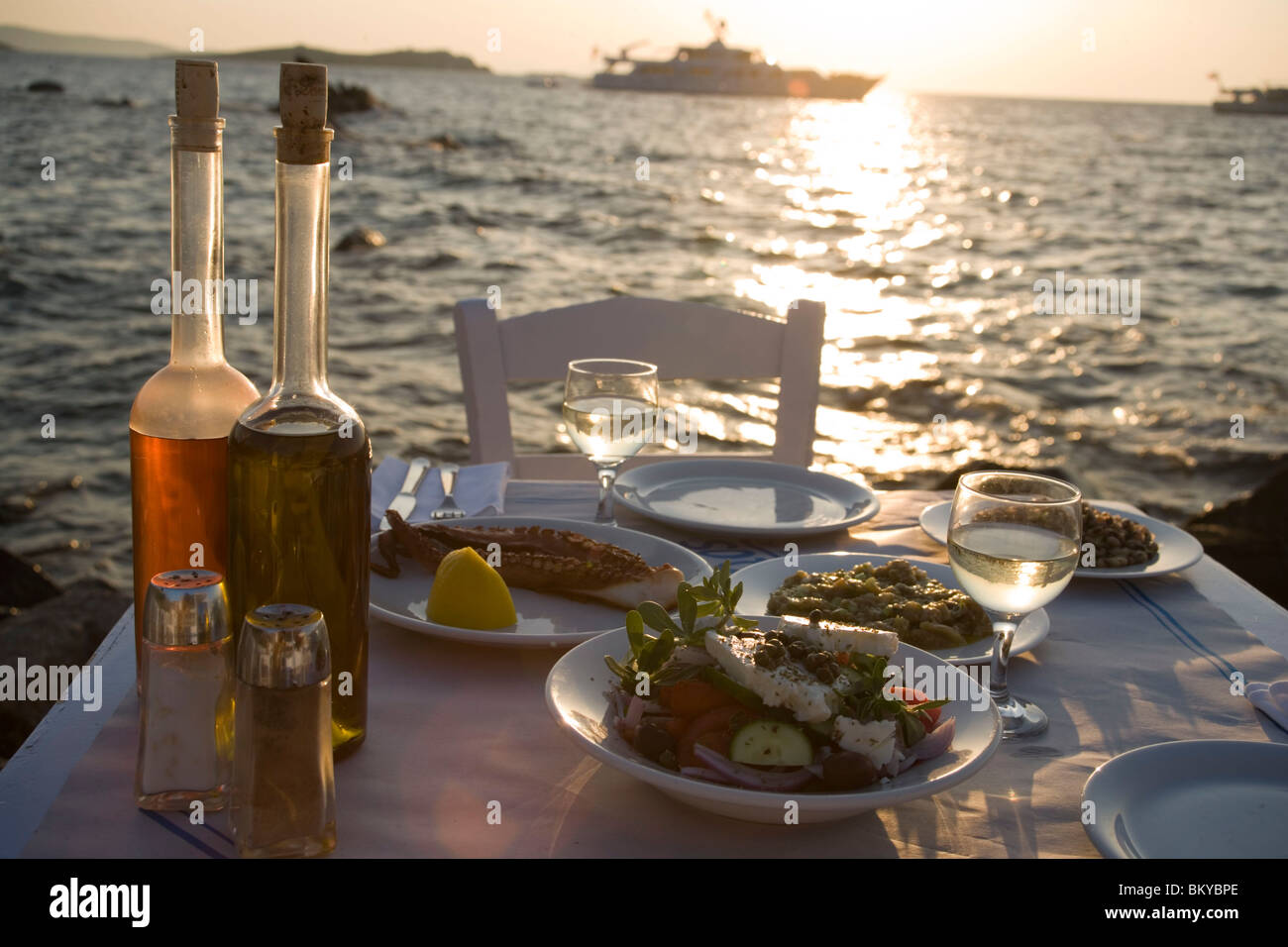 Different greek starters, including salat, served in the Sea Satin Market Restaurant, Mykonos